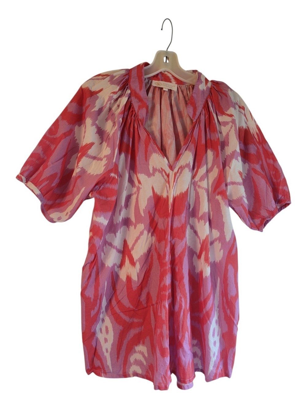 SHERIDAN FRENCH Pink Coral Abstract V-Neck Women's Blouse with Short Sleeves